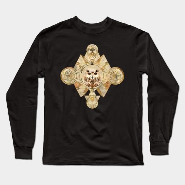 Owl in Sacred Geometry Ornament Long Sleeve T-Shirt by Nartissima